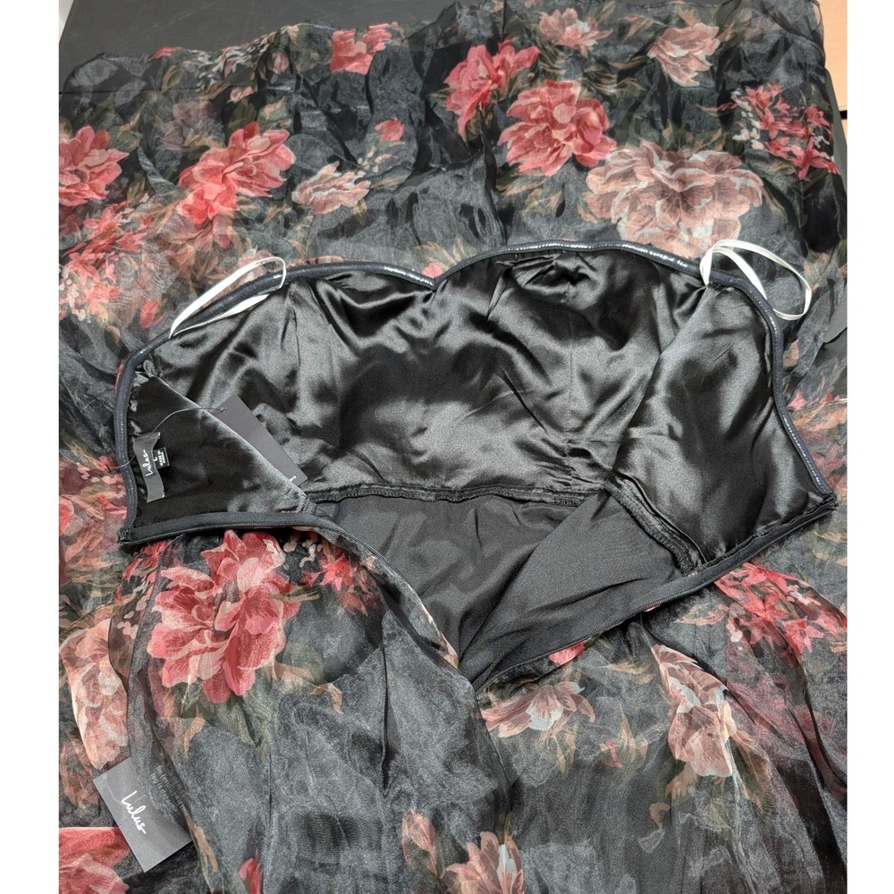 Lulus Truly Extraordinary Black Floral Organza Tiered Strapless Maxi Dress Large - Picture 7 of 10